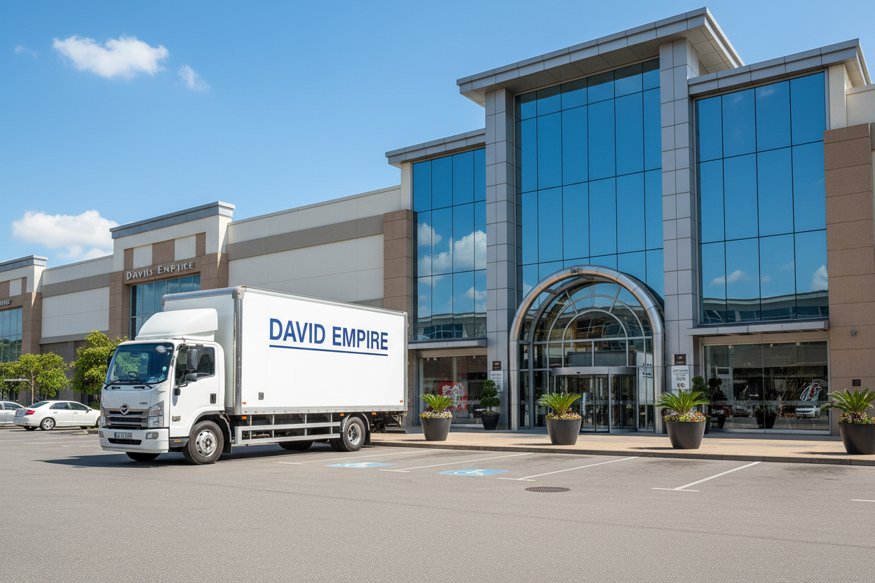 Generate a delivery truck park in front of a shopping mall, with my name written on the truck as *DAVID EMPIRE*